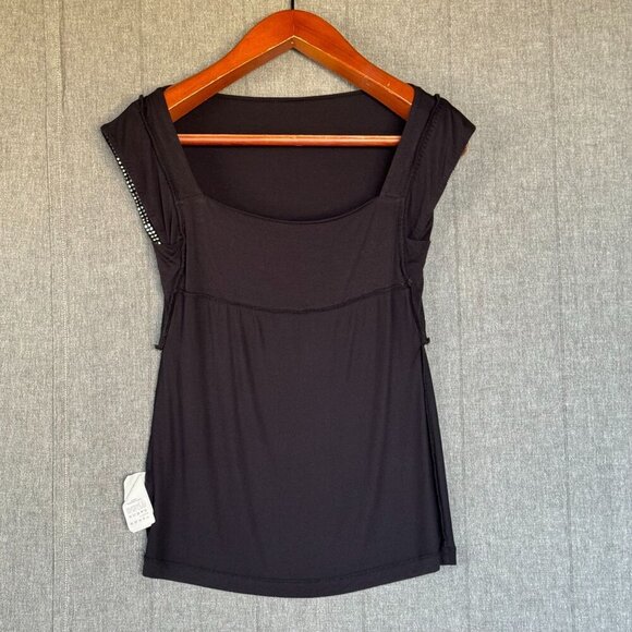 Vintage Y2K Miss Sixty Black Square Neckline Rhinestone Edged Long Fitted Top - Picture 9 of 15